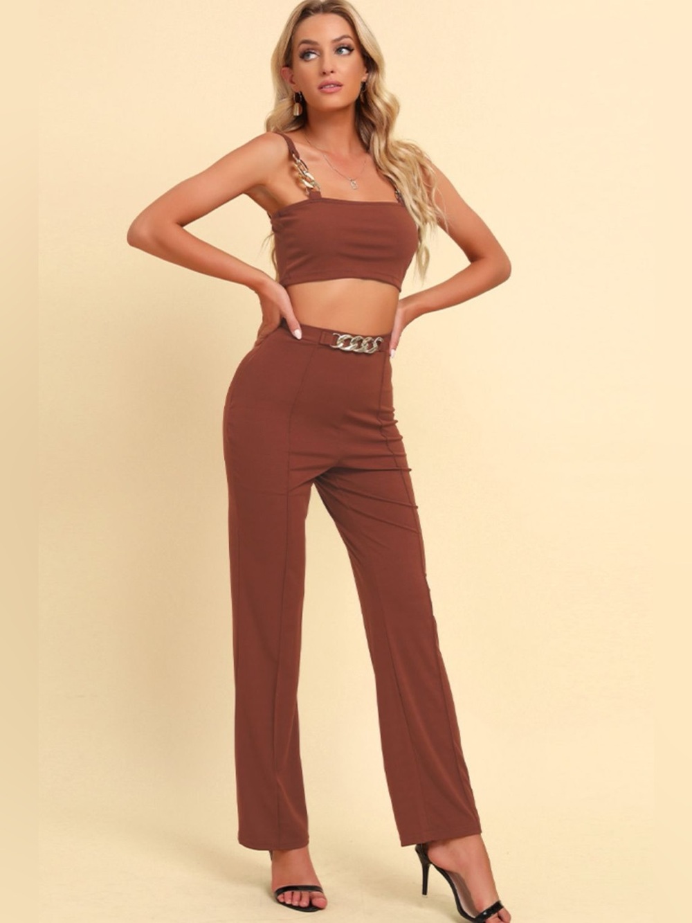 Chain Detail Cropped Cami and Straight Leg Pants Set